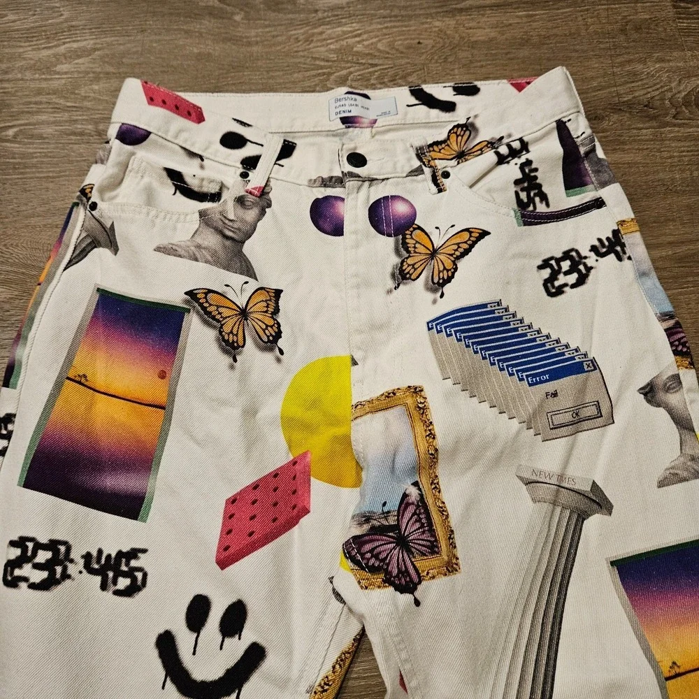 Bershka Graphic Print Straight Leg Jeans Men's 31 White Butterfly Art Denim